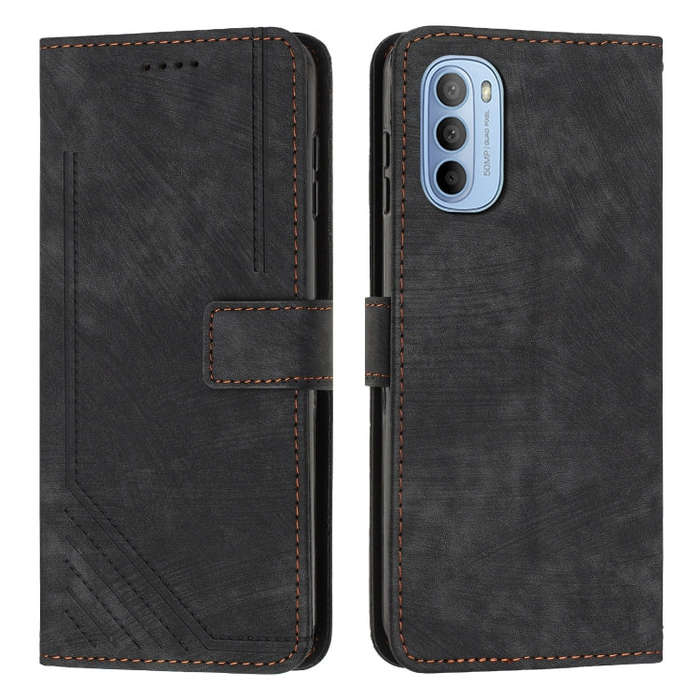 For Motorola Moto G Stylus 2022 Skin Feel Stripe Pattern Leather Phone Case with Lanyard(Black)