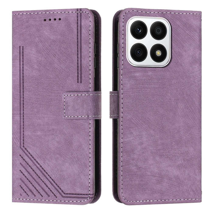For Honor X8a 4G Global Skin Feel Stripe Pattern Leather Phone Case with Lanyard(Purple)