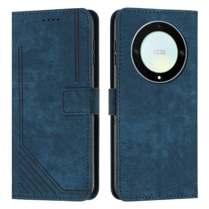 Honor X9a 5G / Magic5 Lite Skin Feel Stripe Pattern Leather Phone Case with Lanyard(Blue)