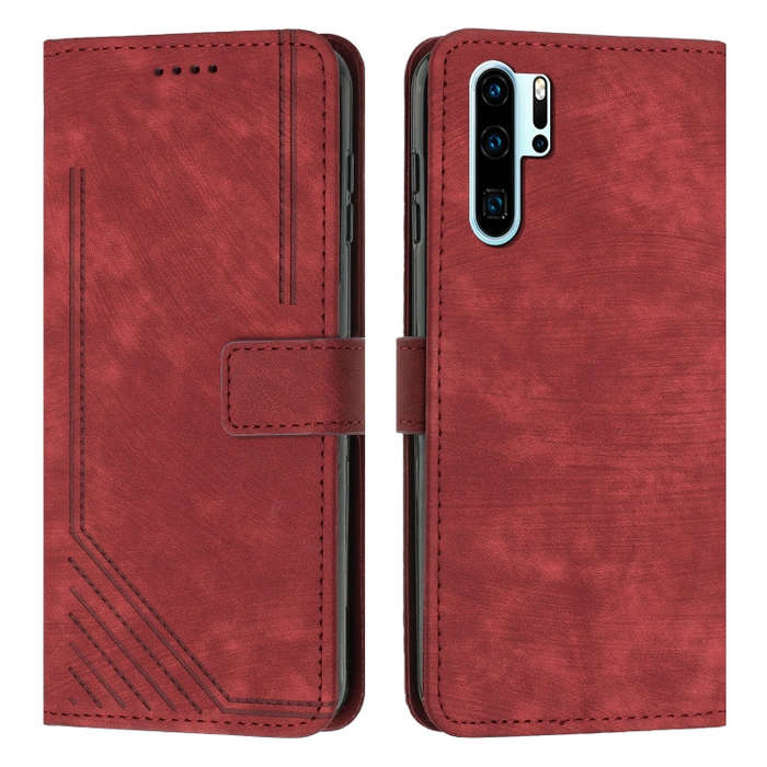 For Huawei P30 Pro Skin Feel Stripe Pattern Leather Phone Case with Lanyard(Red)