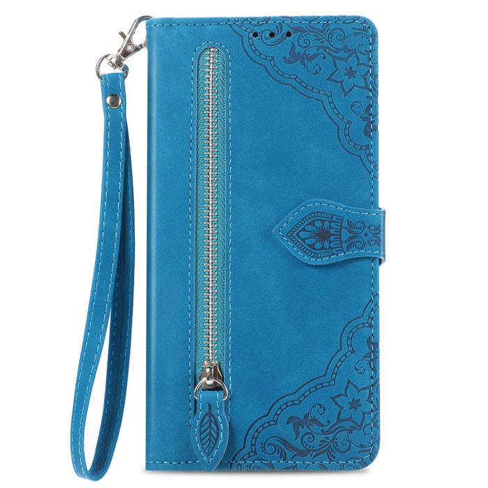 For Honor Magic5 Embossed Flower Zipper Leather Phone Case(Blue)