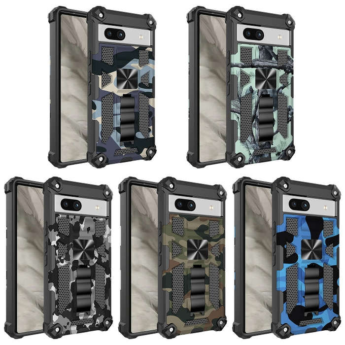 For Google Pixel 7a Camouflage Armor Kickstand TPU + PC Magnetic Phone Case(Mint Green)