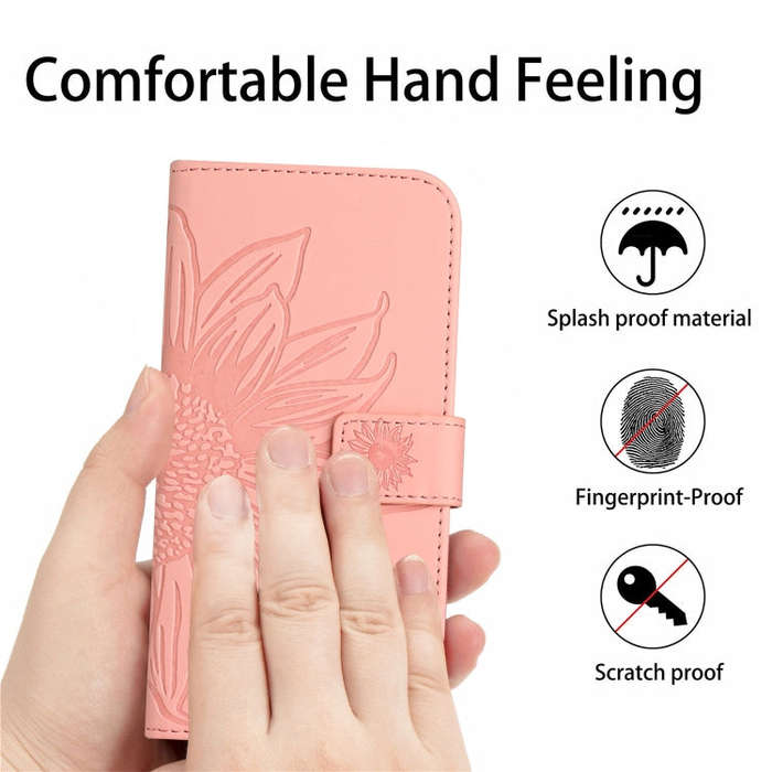 For Sony Xperia 1 V HT04 Skin Feel Sun Flower Embossed Flip Leather Phone Case with Lanyard(Pink)