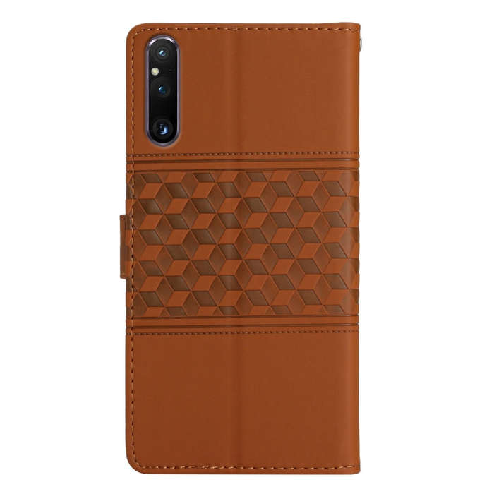 For Sony Xperia 1 V Diamond Embossed Skin Feel Leather Phone Case with Lanyard(Brown)