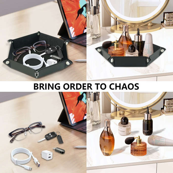 Hexagonal Desktop PU Storage Box Sundries Tray, Size:8 inch(Black)