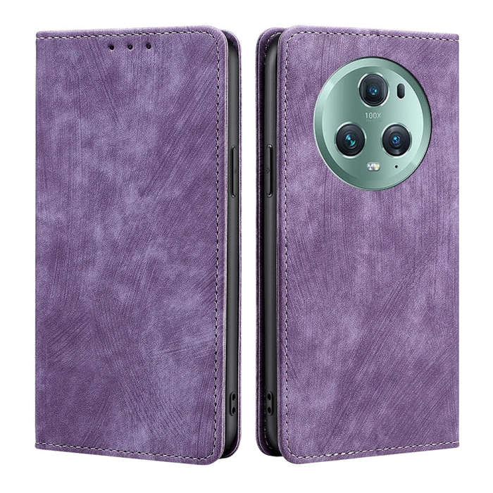 For Honor Magic5 Pro RFID Anti-theft Brush Magnetic Leather Phone Case(Purple)