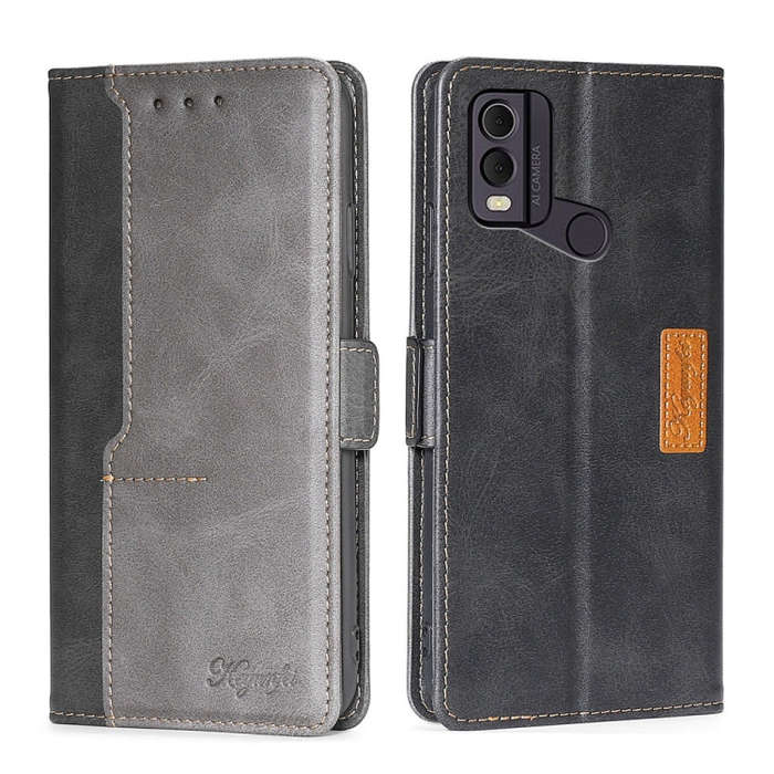 For Nokia C22 Contrast Color Side Buckle Leather Phone Case(Black + Grey)