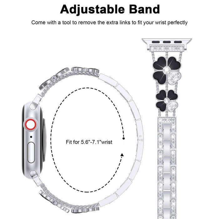 For Apple Watch SE 2023 44mm Petal Metal Diamond Watch Band(Sliver+Black)