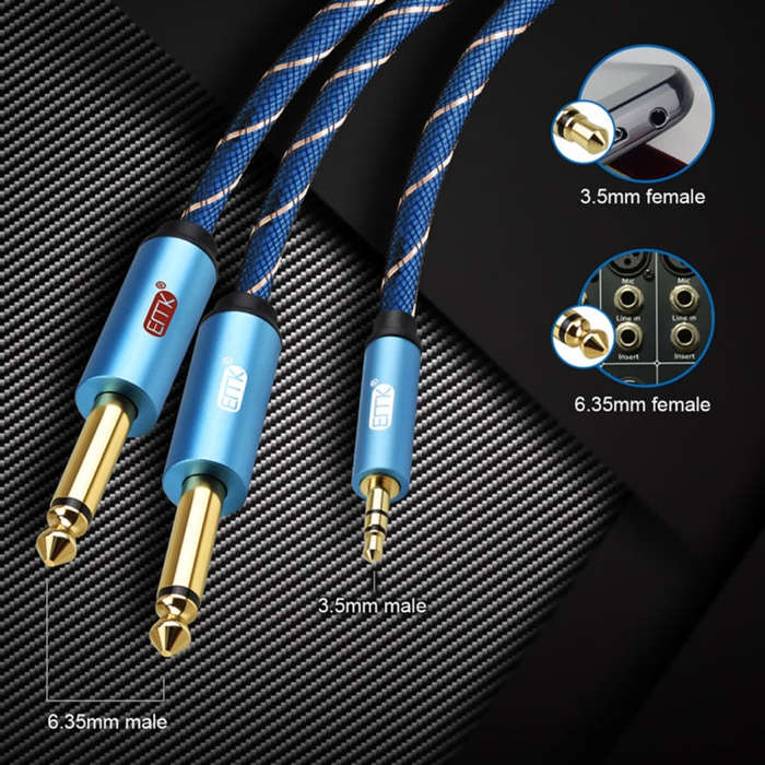 EMK 3.5mm Jack Male to 2 x 6.35mm Jack Male Gold Plated Connector Nylon Braid AUX Cable for Compu...