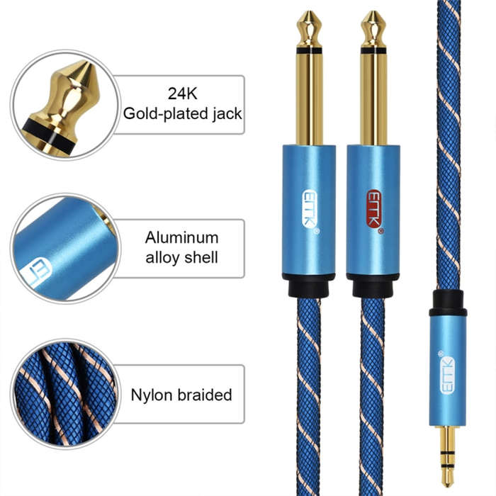 EMK 3.5mm Jack Male to 2 x 6.35mm Jack Male Gold Plated Connector Nylon Braid AUX Cable for Compu...