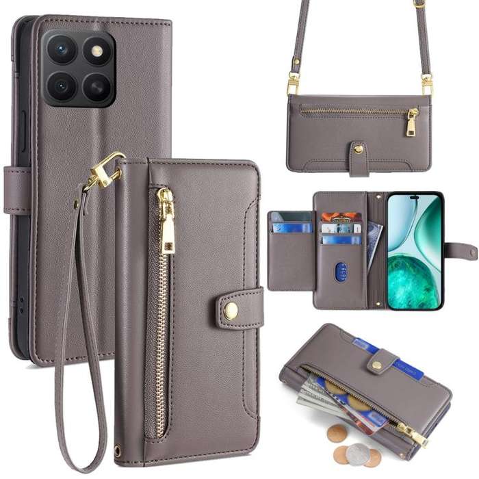 For Honor X8c 4G Sheep Texture Cross-body Zipper Wallet Leather Phone Case(Grey)