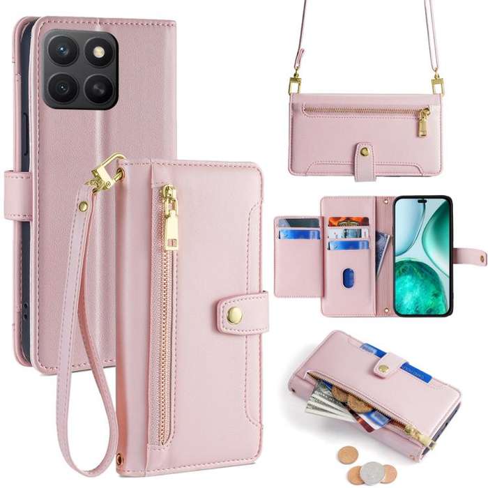 For Honor X8c 4G Sheep Texture Cross-body Zipper Wallet Leather Phone Case(Pink)