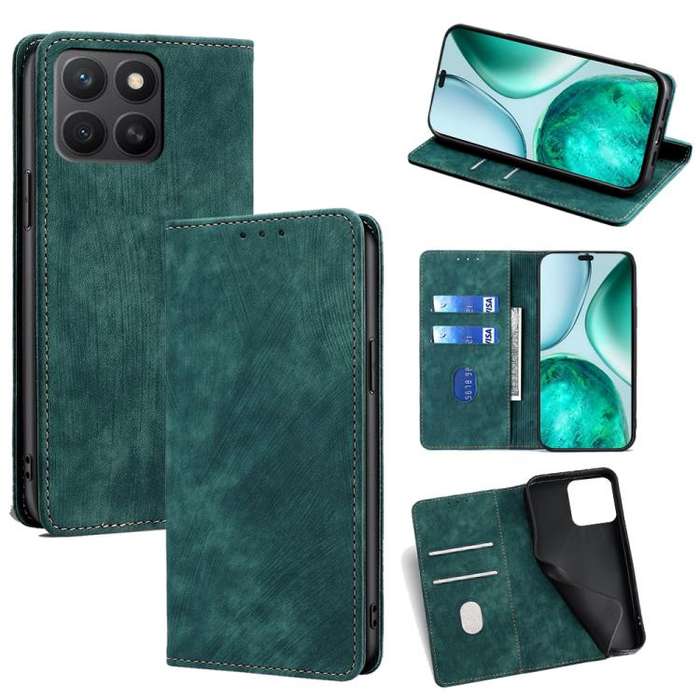 For Honor X8c 4G RFID Anti-theft Brush Magnetic Leather Phone Case(Green)