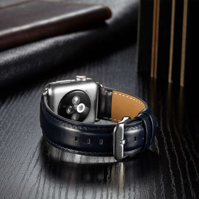 For Apple Watch Series 7 45mm / 6 & SE & 5 & 4 44mm / 3 & 2 & 1 42mm Crazy Horse Texture Top-grai...