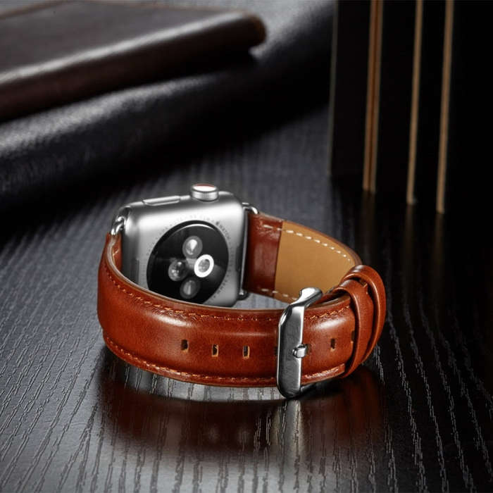 For Apple Watch Series 7 45mm / 6 & SE & 5 & 4 44mm / 3 & 2 & 1 42mm Crazy Horse Texture Top-grai...