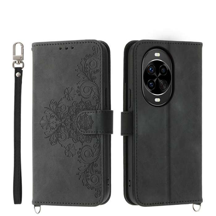 For Huawei nova 14 Pro Skin Feel Flowers Embossed Wallet Leather Phone Case(Black)
