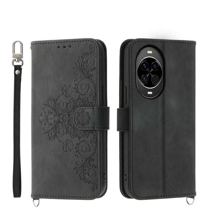 For Huawei nova 14 Skin Feel Flowers Embossed Wallet Leather Phone Case(Black)
