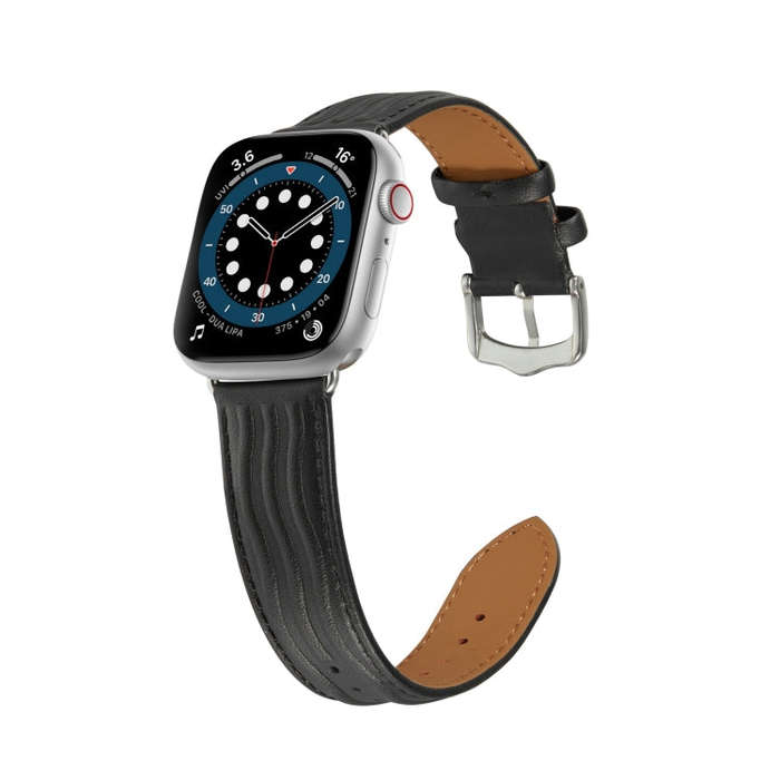 Embossed Line Genuine Leather Watch Band For Apple Watch SE 44mm(Black)