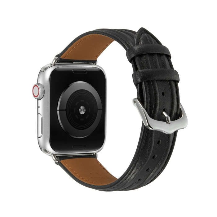 Embossed Line Genuine Leather Watch Band For Apple Watch SE 2023 44mm(Black)
