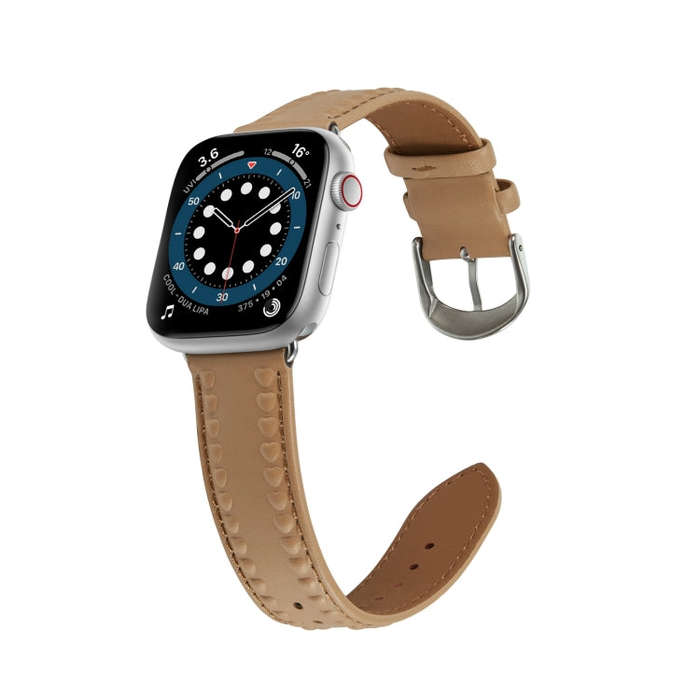 Embossed Love Genuine Leather Watch Band For Apple Watch SE 2022 44mm(Khaki)