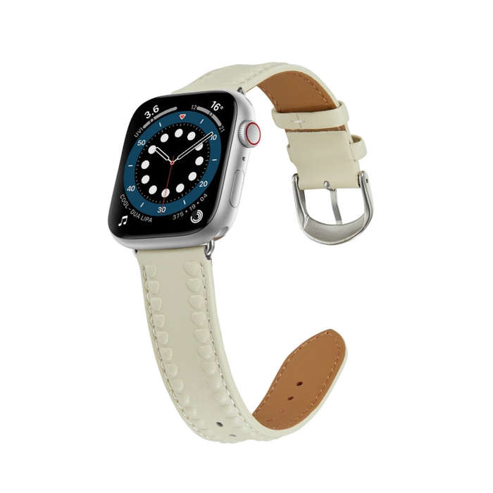 Embossed Love Genuine Leather Watch Band For Apple Watch SE 2022 44mm(Milky White)