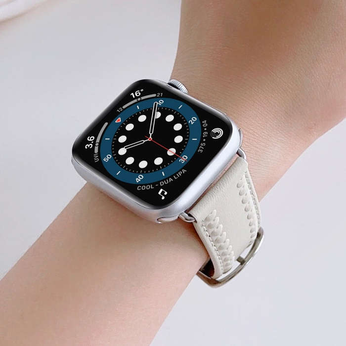 Embossed Love Genuine Leather Watch Band For Apple Watch SE 2022 44mm(Milky White)