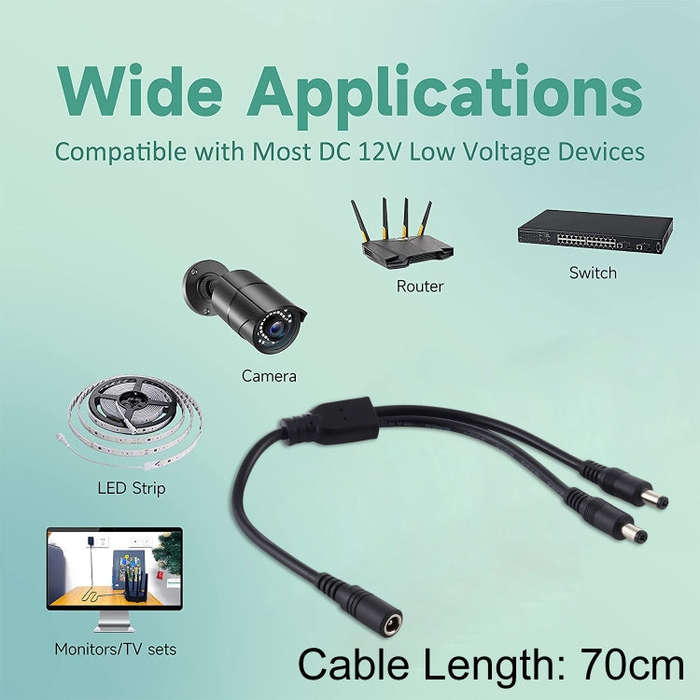 5.5 x 2.1mm 1 to 2 Female to Male Plug DC Power Splitter Adapter Power Cable, Cable Length: 70cm(...
