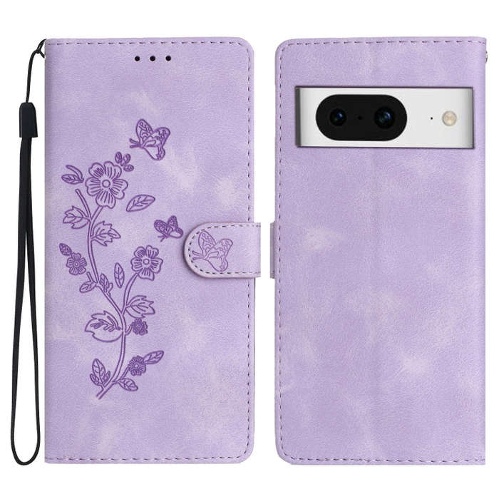 For Google Pixel 8 Flower Butterfly Embossing Pattern Leather Phone Case(Purple)