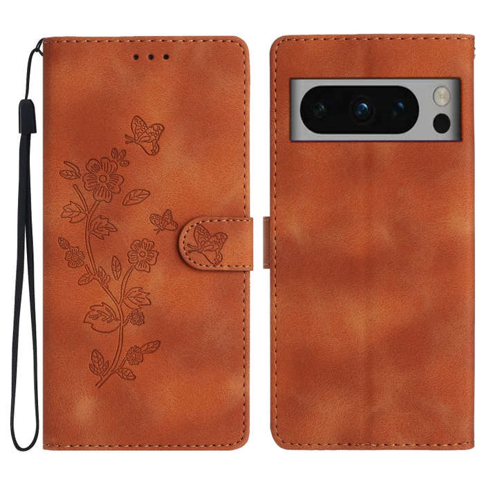 For Google Pixel 8 Pro Flower Butterfly Embossing Pattern Leather Phone Case(Brown)
