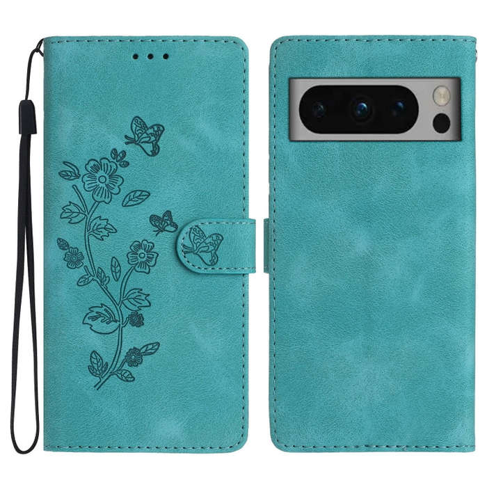 For Google Pixel 8 Pro Flower Butterfly Embossing Pattern Leather Phone Case(Sky Blue)