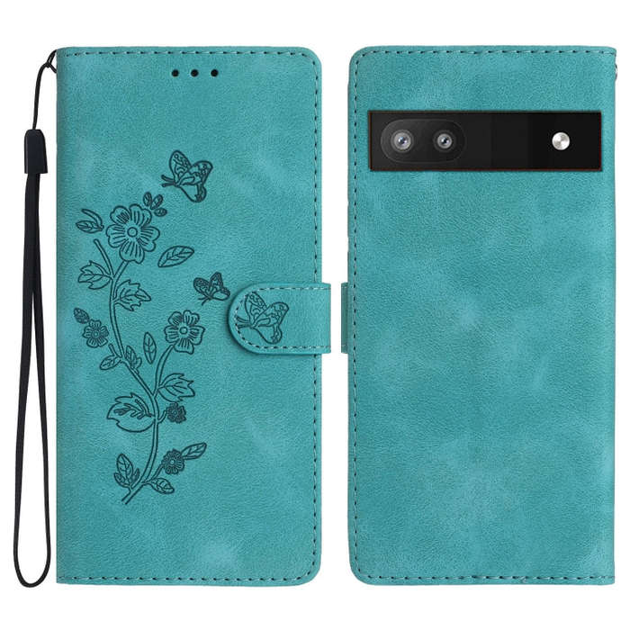 For Google Pixel 6a Flower Butterfly Embossing Pattern Leather Phone Case(Sky Blue)