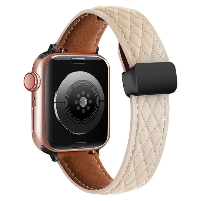 For Apple Watch 9 41mm Folding Buckle Rhombus Leather Watch Band(Apricot)