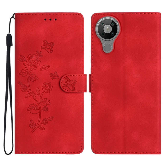 For Nokia 5.3 Flower Butterfly Embossing Pattern Leather Phone Case(Red)
