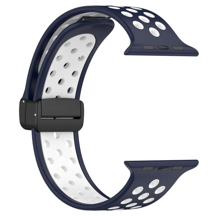 For Apple Watch SE 2023 44mm Magnetic Buckle Silicone Watch Band(Navy White)