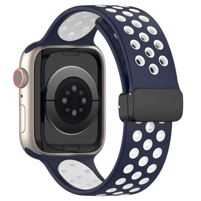For Apple Watch SE 2023 44mm Magnetic Buckle Silicone Watch Band(Navy White)
