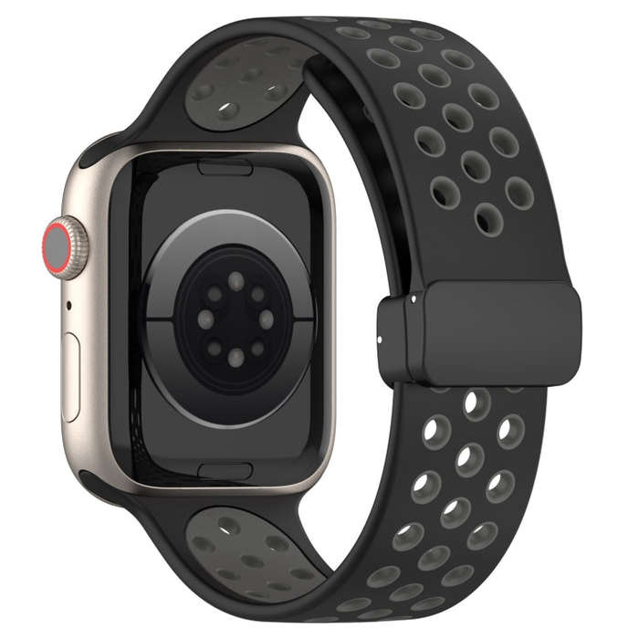 For Apple Watch SE 2023 44mm Magnetic Buckle Silicone Watch Band(Black Grey)