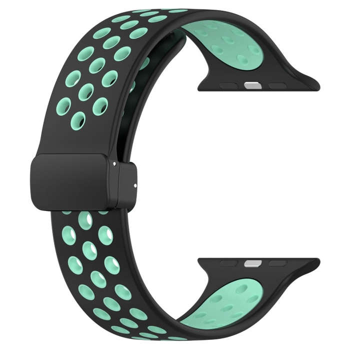 For Apple Watch SE 2023 44mm Magnetic Buckle Silicone Watch Band(Black Cyan)