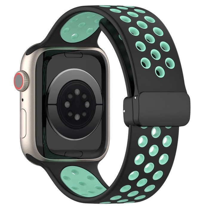 For Apple Watch SE 2023 44mm Magnetic Buckle Silicone Watch Band(Black Cyan)