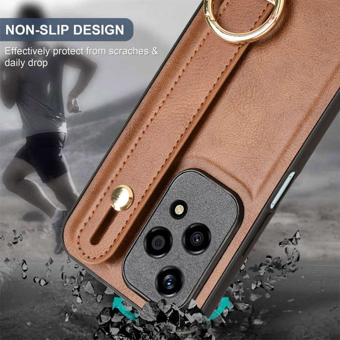 For Honor 200 Lite Global Wristband Leather Back Phone Case(Brown)