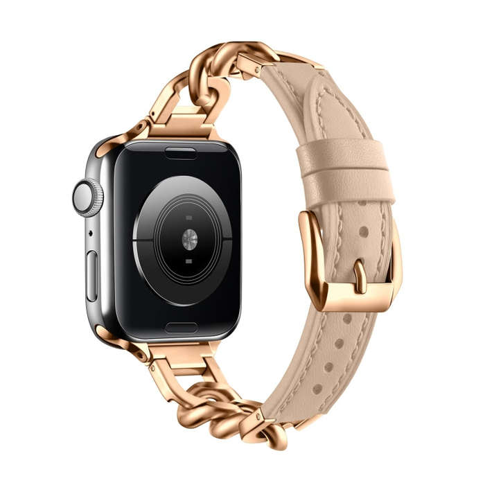 For Apple Watch Series 9 45mm Chain Genuine Leather Watch Band, Size: L(Rose Gold Apricot)