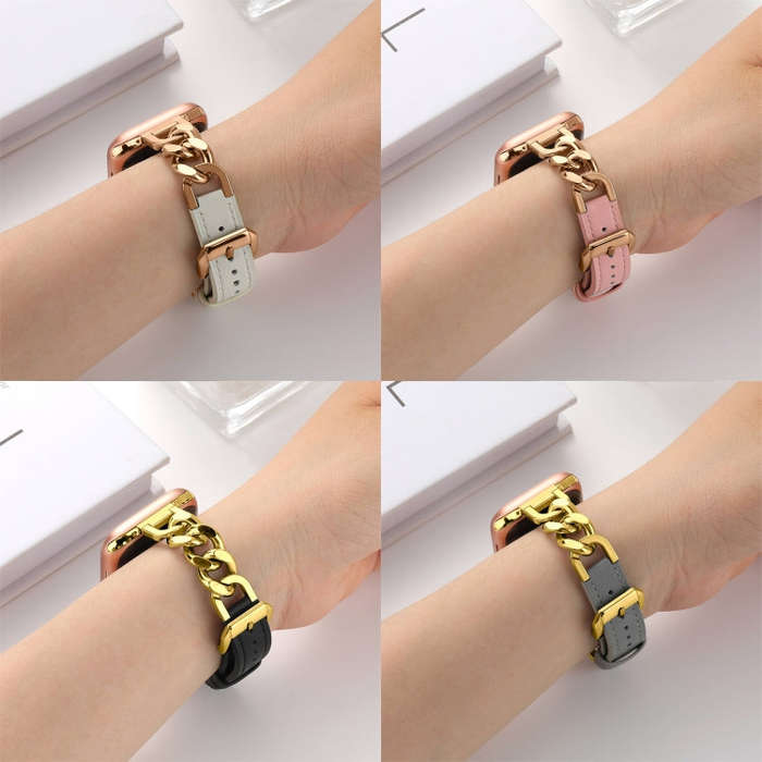 For Apple Watch Series 9 45mm Chain Genuine Leather Watch Band, Size: L(Rose Gold Apricot)
