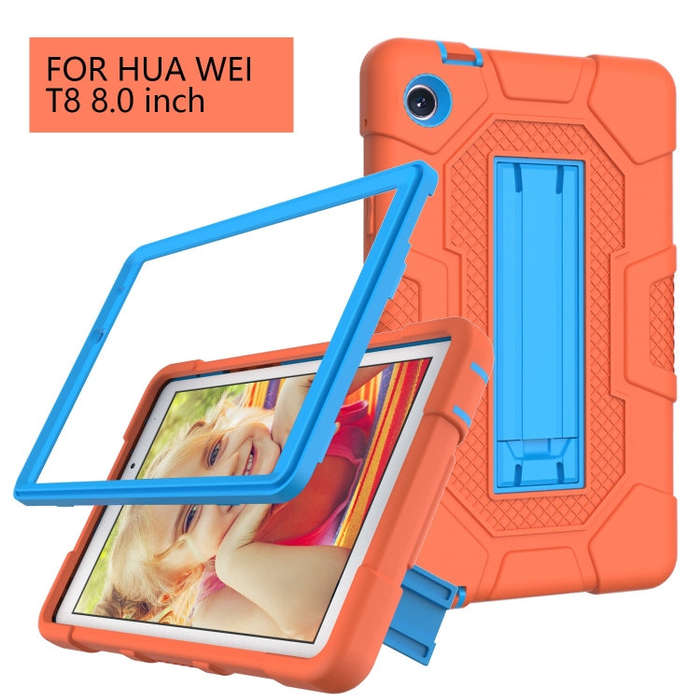 For Huawei MatePad T8 Contrast Color Robot B3 Silicone Hybrid PC Tablet Case with Holder(Orange B...