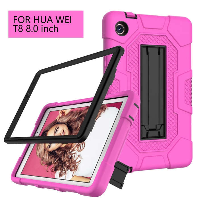 For Huawei MatePad T8 Contrast Color Robot B3 Silicone Hybrid PC Tablet Case with Holder(Rose Red...