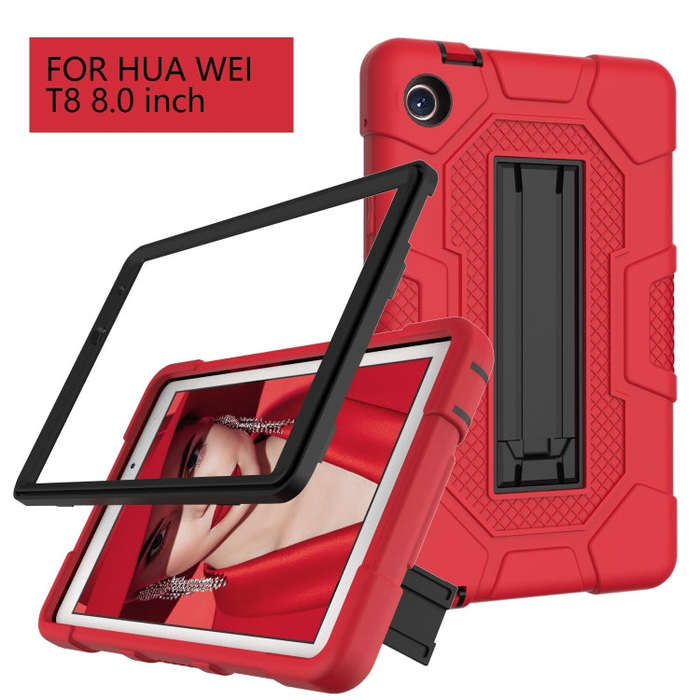 For Huawei MatePad T8 Contrast Color Robot B3 Silicone Hybrid PC Tablet Case with Holder(Red Black)