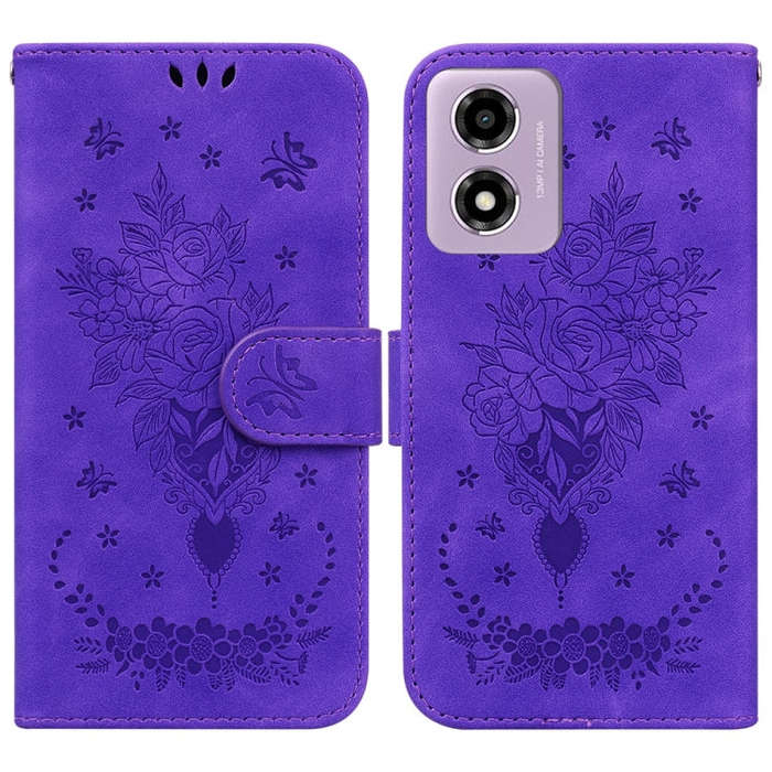 For Motorola Moto G04s / Moto E14 Butterfly Rose Embossed Leather Phone Case(Purple)