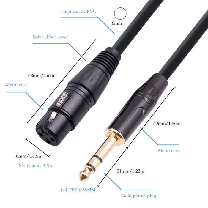 6.35mm 1/4 TRS Male to XLR 3pin Female Microphone Cable, Length:3m
