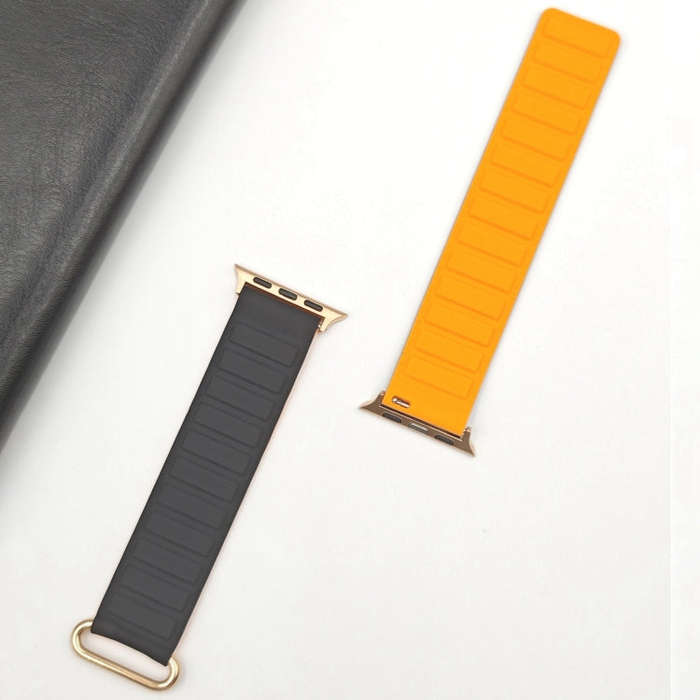 For Apple Watch Series 9 41mm Reverse Buckle Magnetic Silicone Watch Band(Rose Buckle Black Orange)