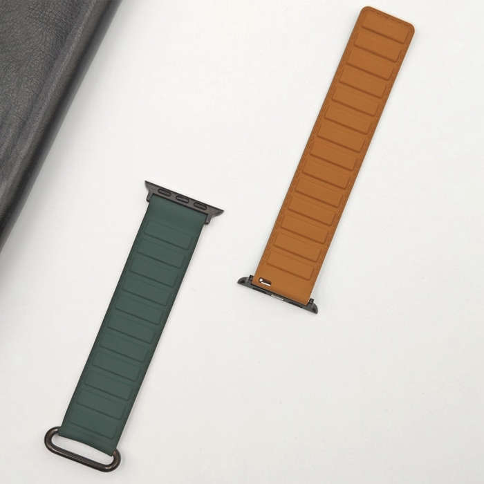 For Apple Watch SE 2023 40mm Reverse Buckle Magnetic Silicone Watch Band(Black Buckle Green Brown)