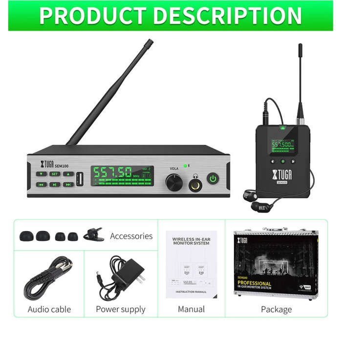 XTUGA SEM100 Professional Wireless In Ear Monitor System 2 BodyPacks(AU Plug)