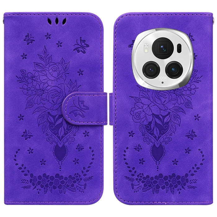 For Honor Magic6 Pro Butterfly Rose Embossed Leather Phone Case(Purple)